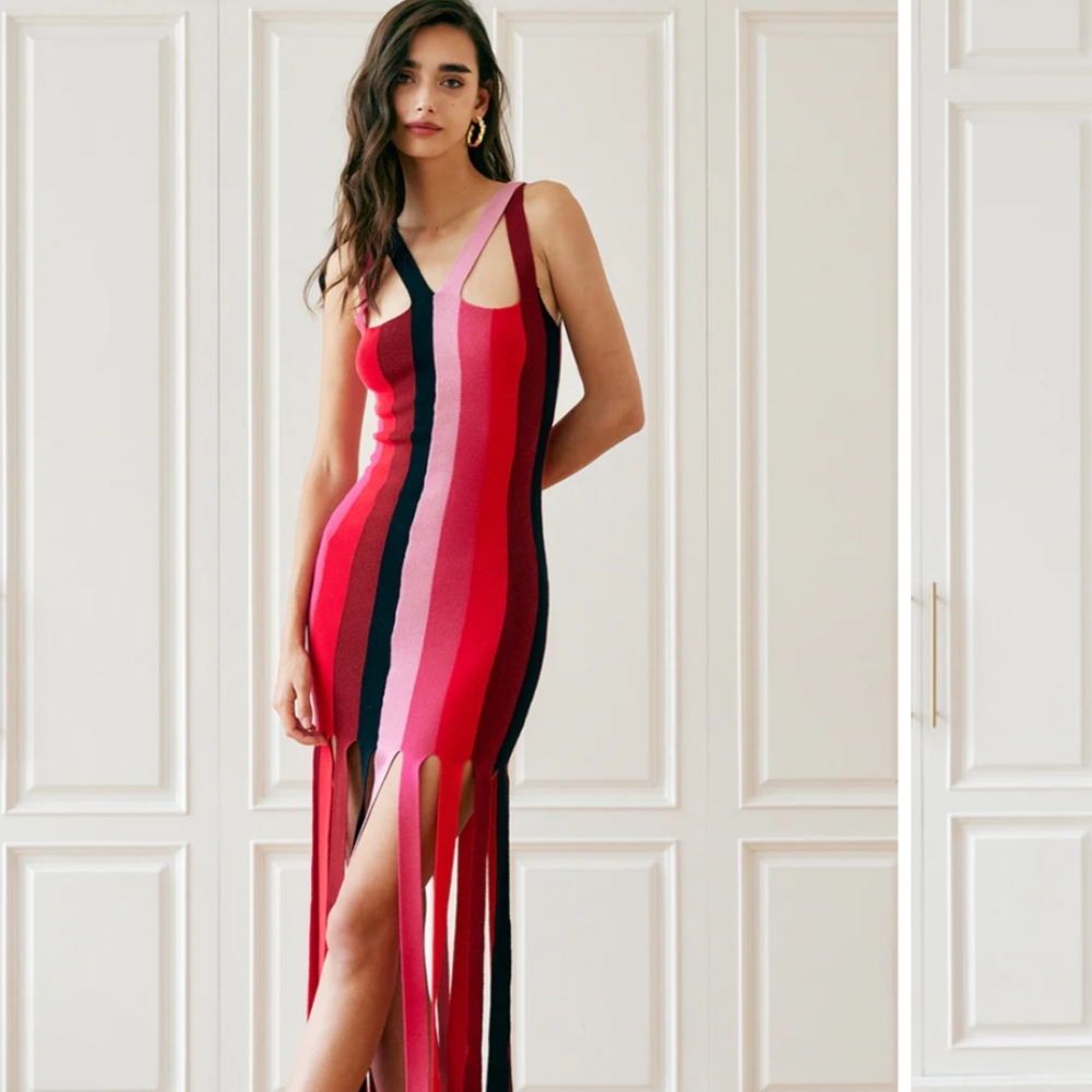 Striped Red & Pink Maxi Dress with Fringe